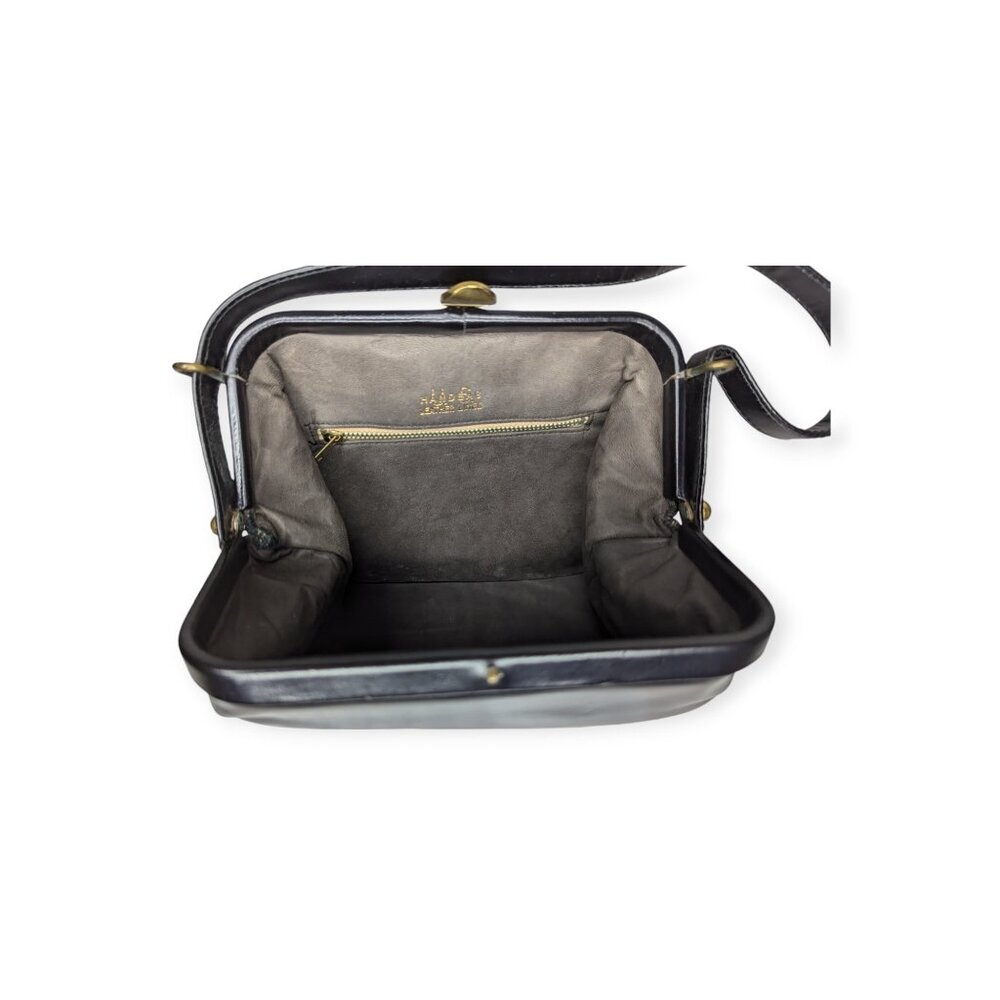 Vintage Leather Black Handbag with Gold Tone Metal Clasp Closure Leather Lined - Picture 8 of 16